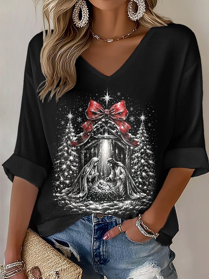 Women's Casual Printed Waffle Top
