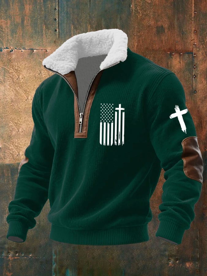 Men's Flag Cross Printed Knitted Fabric Zipper Fur Collar Sweatshirt