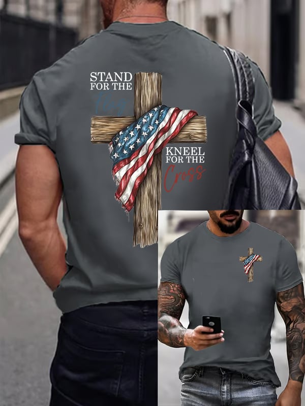 Men's Stand For The Flag Kneel For The Cross Printed Casual T-Shirt