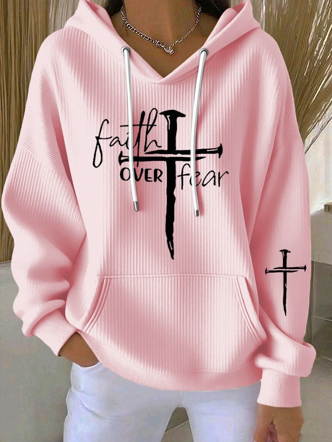 Women's Faith Cross Faith Over Fear Print Casual Hooded Sweatshirt