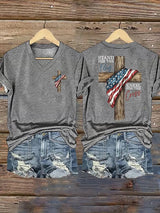 Women's Stand For The Flag Kneel For The Cross Printed Casual T-Shirt