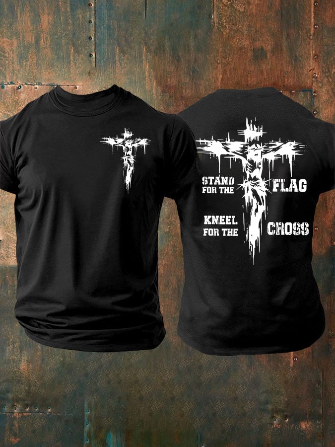 Men's Stand For The Flag Kneel For The Cross Printed Casual T-Shirt