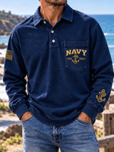 Men's Veteran Commemorative Print Long-Sleeve Polo Shirt