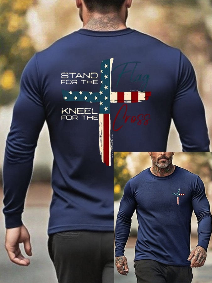 Men's Stand For The Flag Kneel For The Cross Print T-Shirt