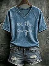 V Neck Retro We The People No Kings Print T-Shirt