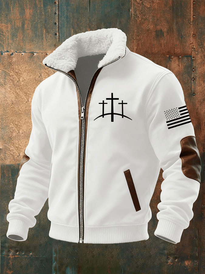 Men's Retro Faith Print Fur Collar Zip-Up Sweatshirt Jacket