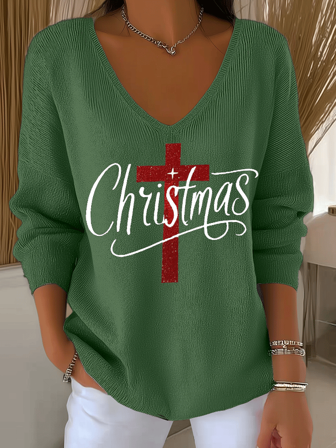 Women's Christmas Faith Print Knit Long Sleeve Top