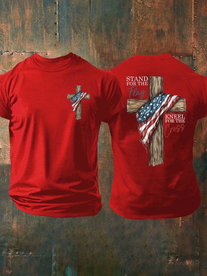 Men's Stand For The Flag Kneel For The Cross Printed Casual T-Shirt