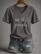 V-Neck Retro We The People No Kings Print T-Shirt