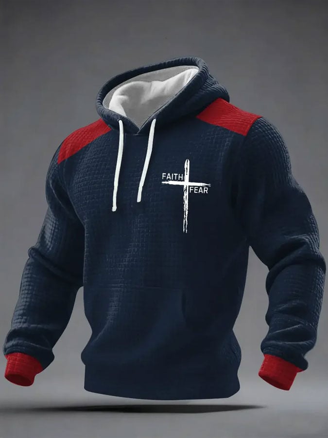 Men's Faith Print Checkered Fabric Hooded Sweatshirt