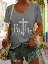 Women's Retro Faith Print V-Neck T-Shirt