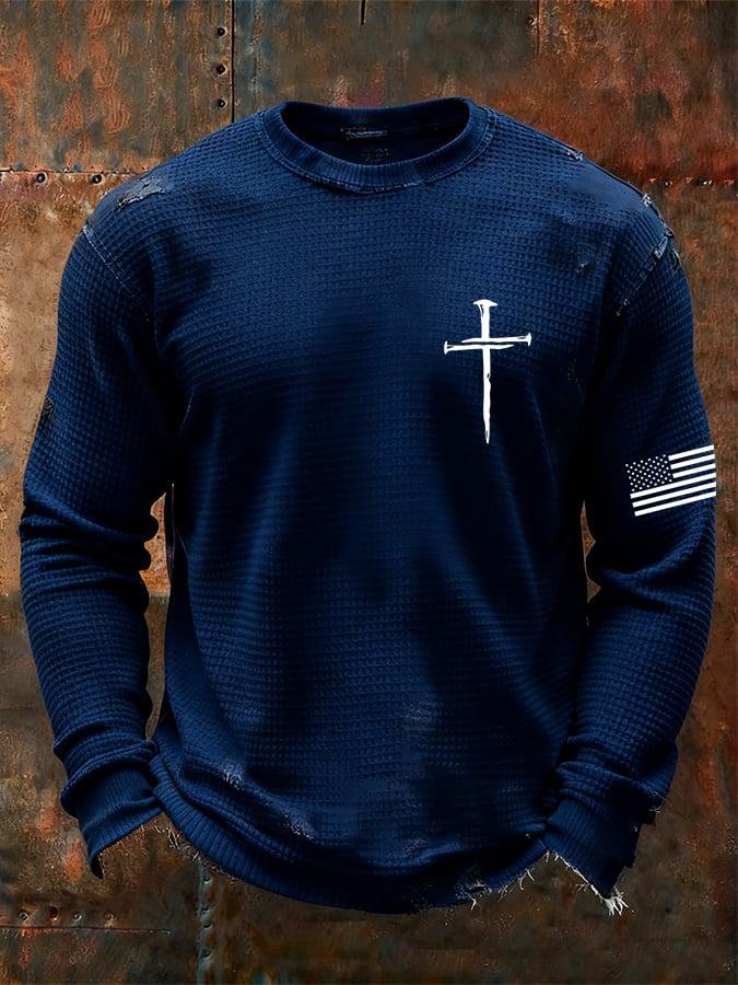 Men's Vintage Faith Cross Design Waffle Fabric Long Sleeve T-Shirt