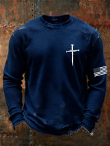 Men's Vintage Faith Cross Design Waffle Fabric Long Sleeve T-Shirt