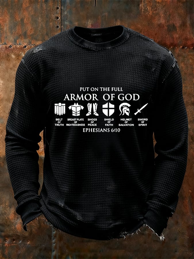 Men's Vintage Faith “Put on The Full Armor of God ” Design Waffle Fabric Long Sleeve T-Shirt