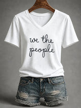 V-Neck Retro We The People No Kings Print T-Shirt