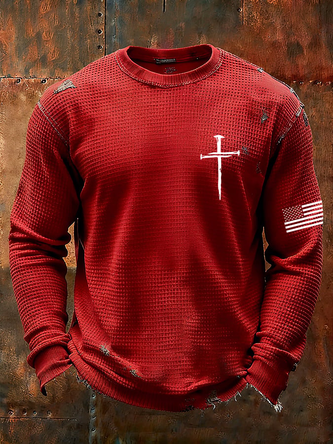 Men's Vintage Faith Cross Design Waffle Fabric Long Sleeve T-Shirt