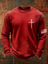 Men's Vintage Faith Cross Design Waffle Fabric Long Sleeve T-Shirt