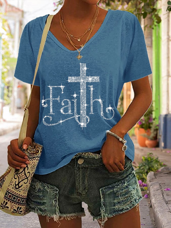Women's Retro Faith Print V-Neck T-Shirt