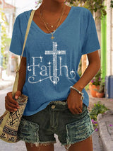 Women's Retro Faith Print V-Neck T-Shirt