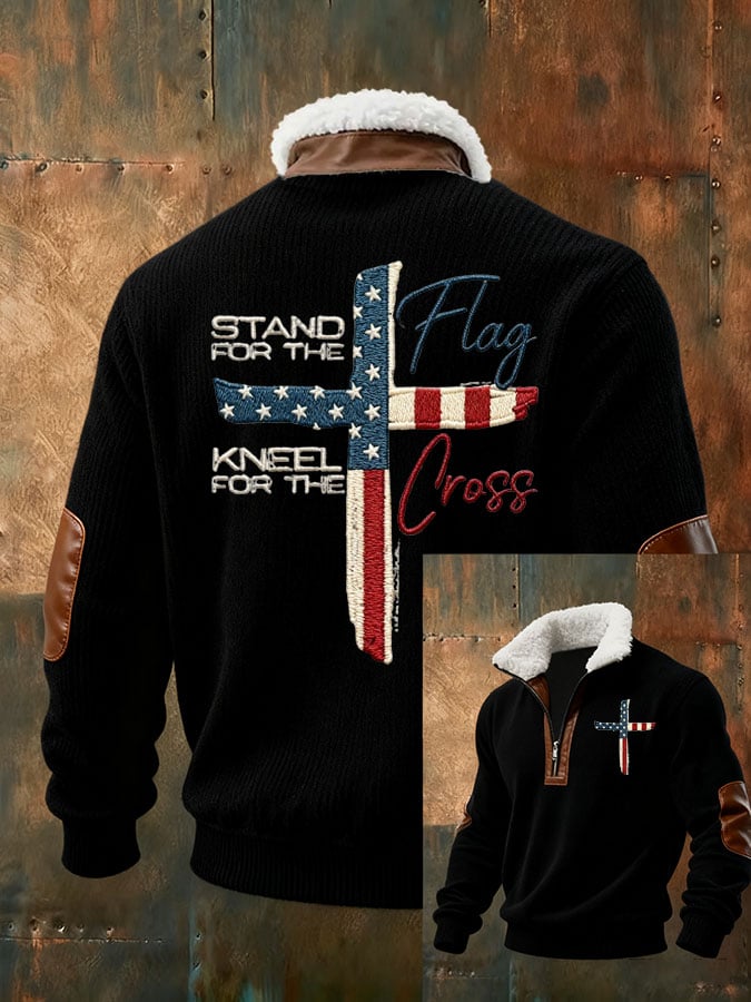 Men's Faith Cross Stand For Flag Kneel For The Cross Print Zipper Fur Collar Long-Sleeve Sweatshirt