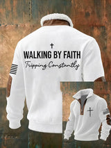Men's Faith Cross Walking by Faith Tripping Constantly Print Zipper Fur Collar Long-Sleeve Sweatshirt