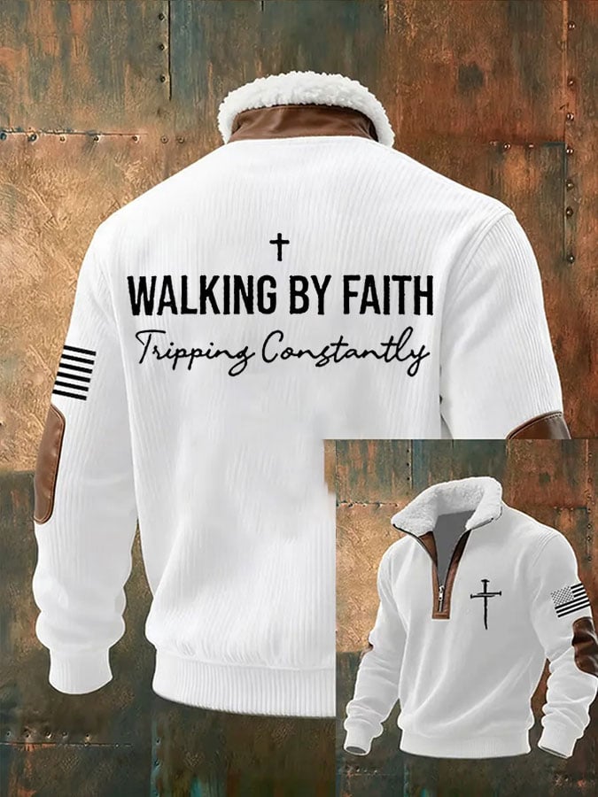 Men's Faith Cross Walking by Faith Tripping Constantly Print Zipper Fur Collar Long-Sleeve Sweatshirt