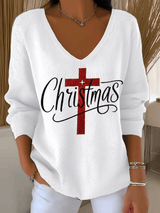 Women's Christmas Faith Print Knit Long Sleeve Top
