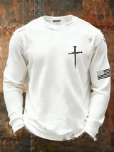 Men's Vintage Faith Cross Design Waffle Fabric Long Sleeve T-Shirt
