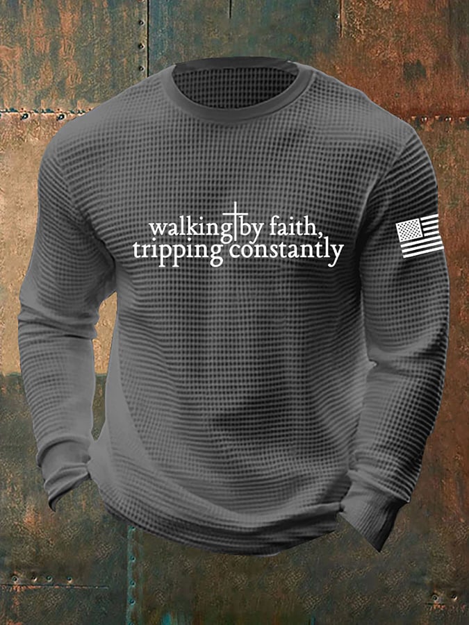 Men's Retro Walking By Faith Tripping Constantly   Faith Print Casual Long-Sleeved Top