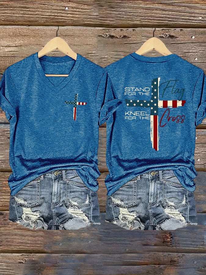Women's Stand For The Flag Kneel For The Cross Printed Casual T-Shirt