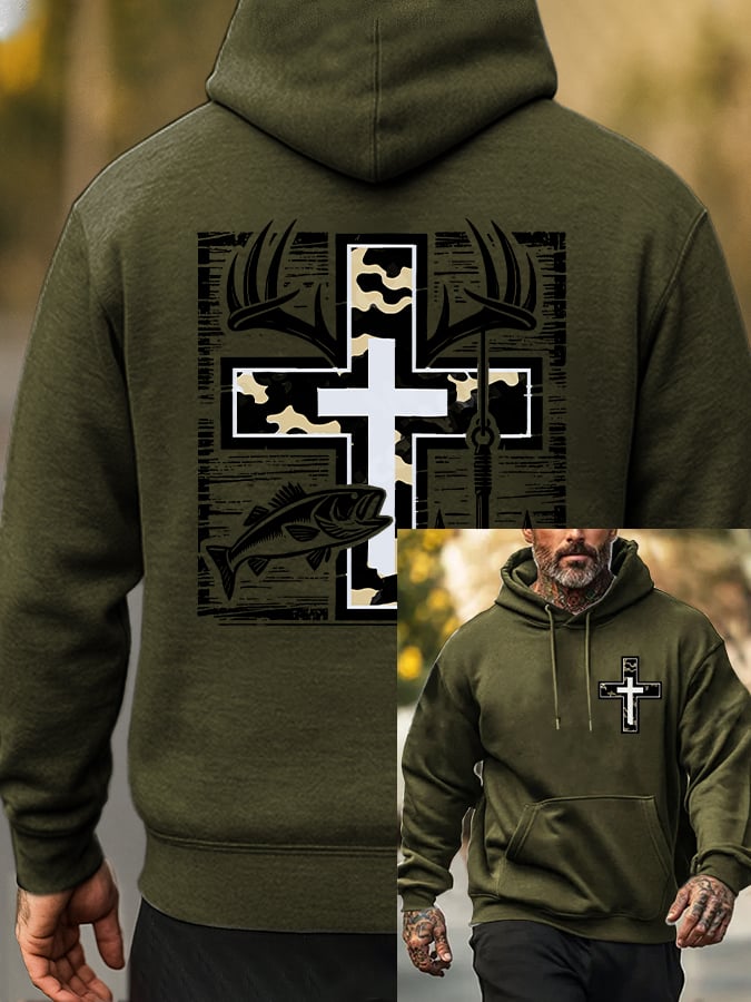 Men's Retro Faith Fishing Hunting Print Hoodie