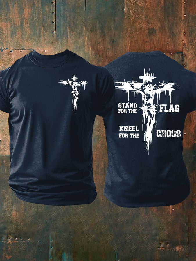 Men's Stand For The Flag Kneel For The Cross Printed Casual T-Shirt