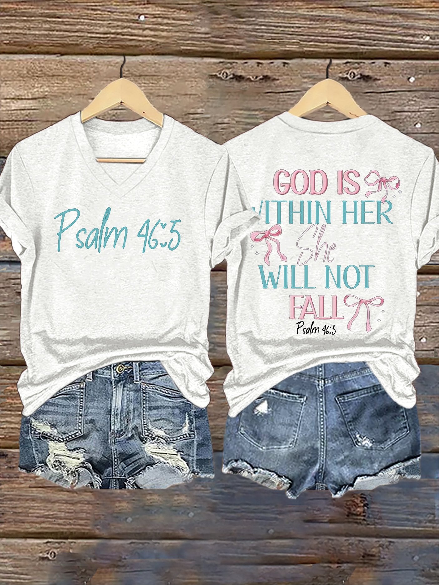 V-Neck Retro God Is Within Her She Will Not Fall Psalms 46:5 Print T-Shirt