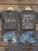 V-Neck Retro God Is Within Her She Will Not Fall Psalms 46:5 Print T-Shirt