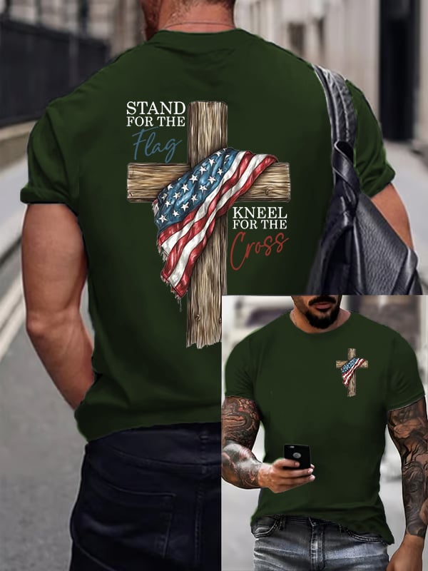 Men's Stand For The Flag Kneel For The Cross Printed Casual T-Shirt