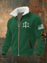 Men's Retro Faith Print Fur Collar Zip-Up Sweatshirt Jacket