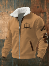 Men's Retro Faith Print Fur Collar Zip-Up Sweatshirt Jacket