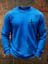 Men's Vintage Faith Cross Design Waffle Fabric Long Sleeve T-Shirt