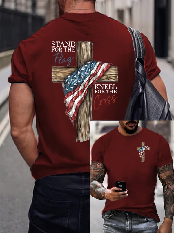 Men's Stand For The Flag Kneel For The Cross Printed Casual T-Shirt