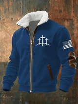 Men's Retro Faith Print Fur Collar Zip-Up Sweatshirt Jacket