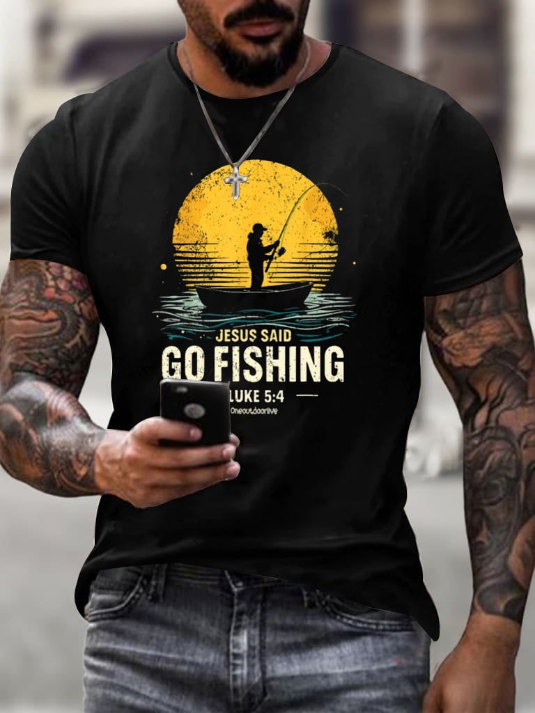 Men's Jesus Said Go Fishing Printed Casual T-shirt